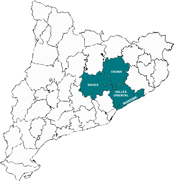 Mapa de comarcas de Cataluña donde hay marcadas las 4 comarcas donde llega el servicio de Pepeta Vilaró.